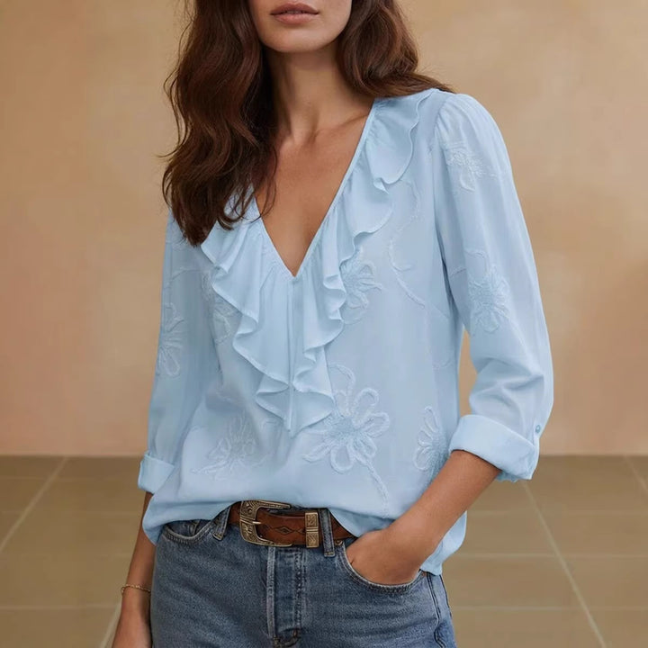 Damen elegante Bluse mit Volant und floralem Stickmuster Lisslune