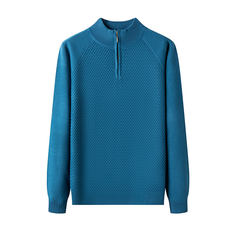 Men's Fine Knit Pullover with Textured Surface and Short Zipper Lisslune