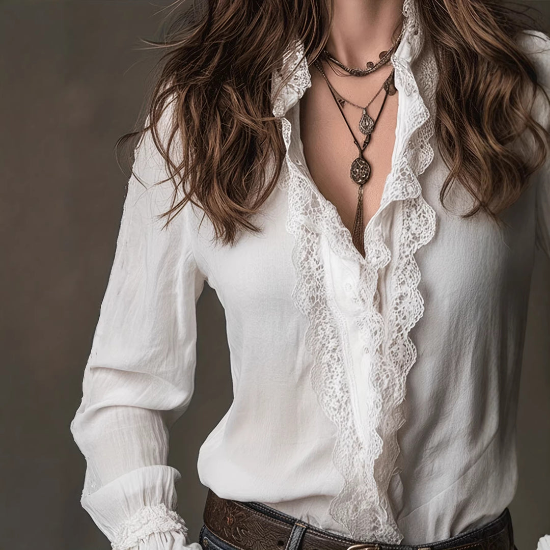 Damen elegante Bluse mit Rüschendetails und Spitzenbesatz Lisslune