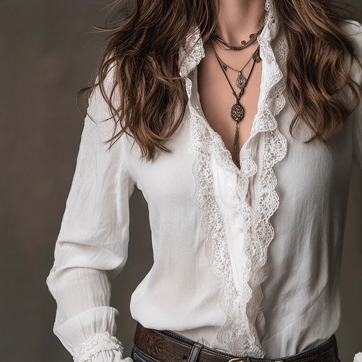 Damen elegante Bluse mit Rüschendetails und Spitzenbesatz Lisslune