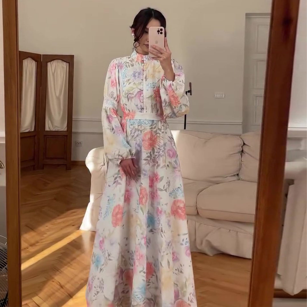 Women’s maxi dress with fine floral pattern and elegant puff sleeves Lisslune