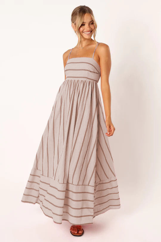 Women’s maxi dress with narrow spaghetti straps and elegant horizontal stripes Lune London