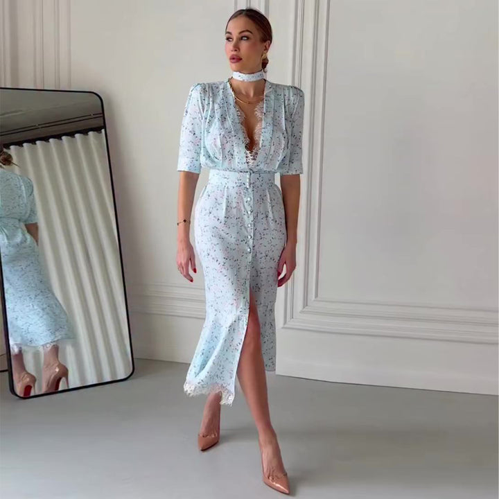 Ladies Elegant Midi Dress with Shimmering Chiffon and Deep V-Neck