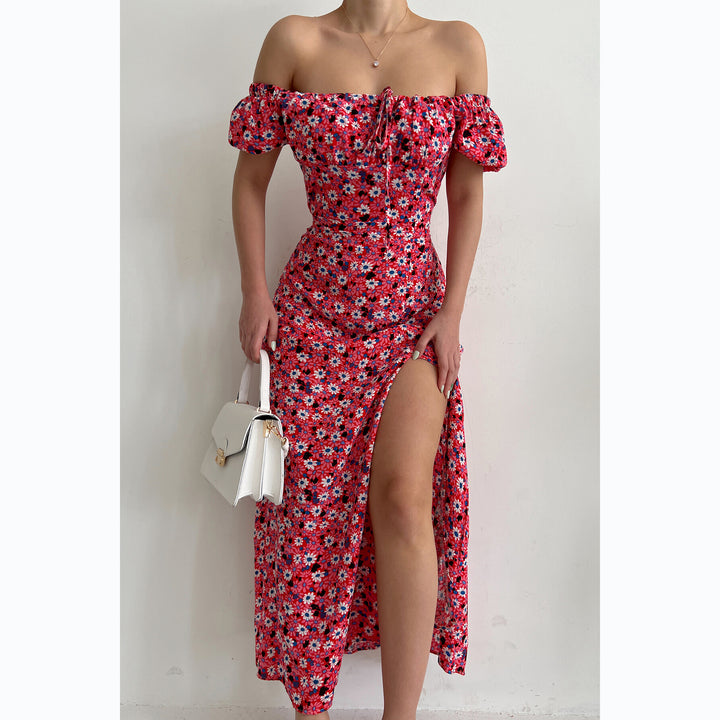 Women's Off-Shoulder Maxi Dress with Floral Design and Elegant Slit Lune London