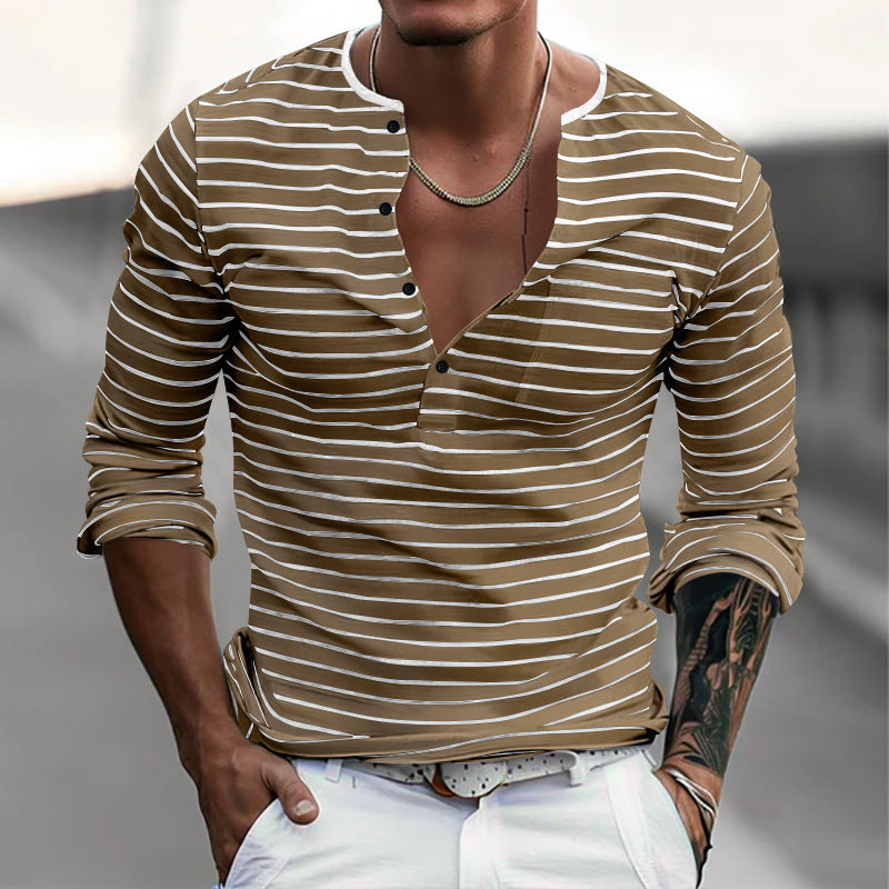 Men's Casual Long Sleeve Shirt with Subtle Stripe Pattern and Button Placket Lisslune
