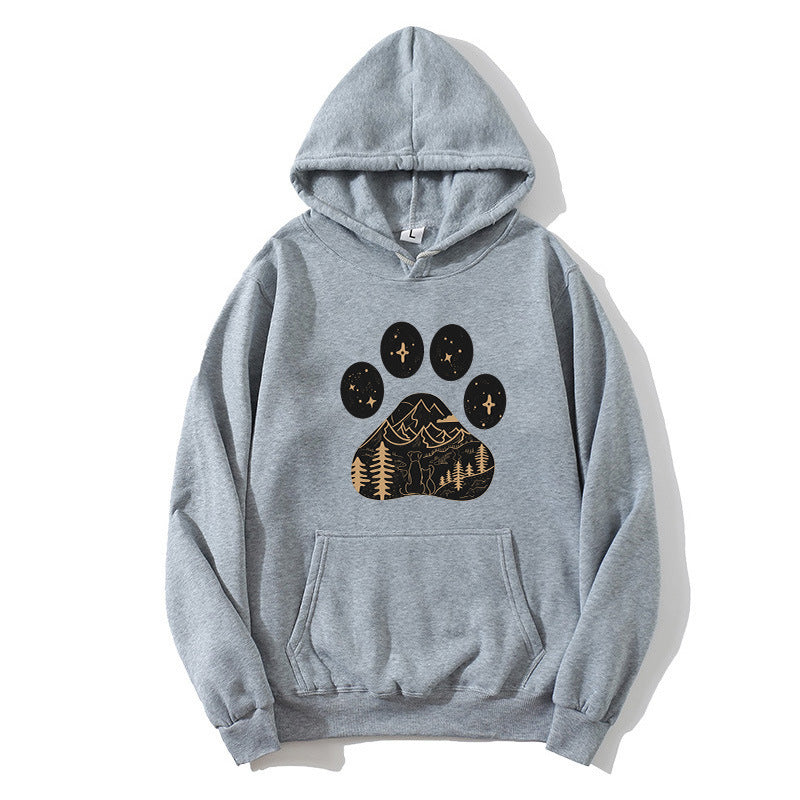 Ladies hoodie with creative paw print design and mountain landscape Lisslune