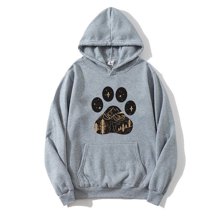 Ladies hoodie with creative paw print design and mountain landscape Lisslune
