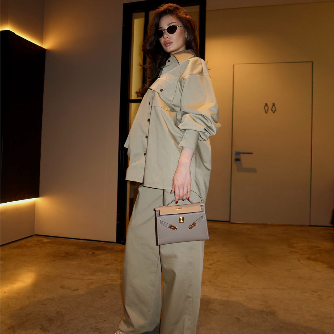 Women's Oversized Shirt Blouse Suit with Trendy Cut and Press Buttons