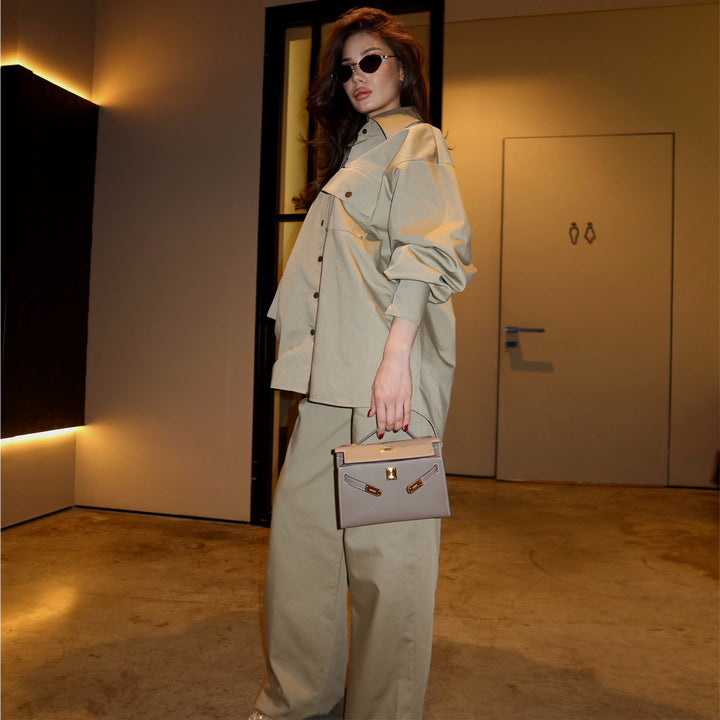 Women's Oversized Shirt Blouse Suit with Trendy Cut and Press Buttons