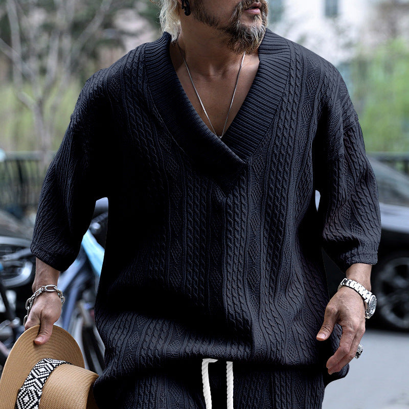 Men's casual knit sweater with V-neck and decorative cable pattern Lisslune