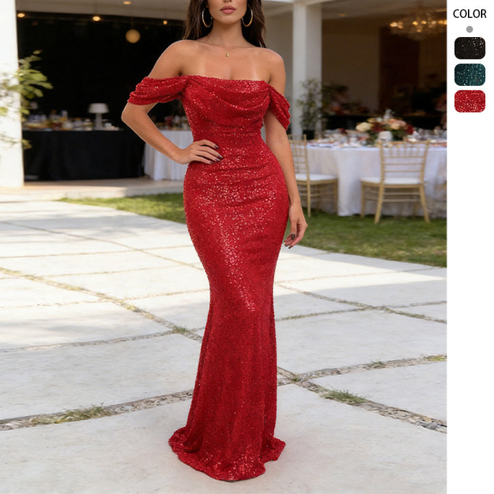 Women's Sparkling Evening Dress with Off-the-Shoulder Design and Fitted Cut