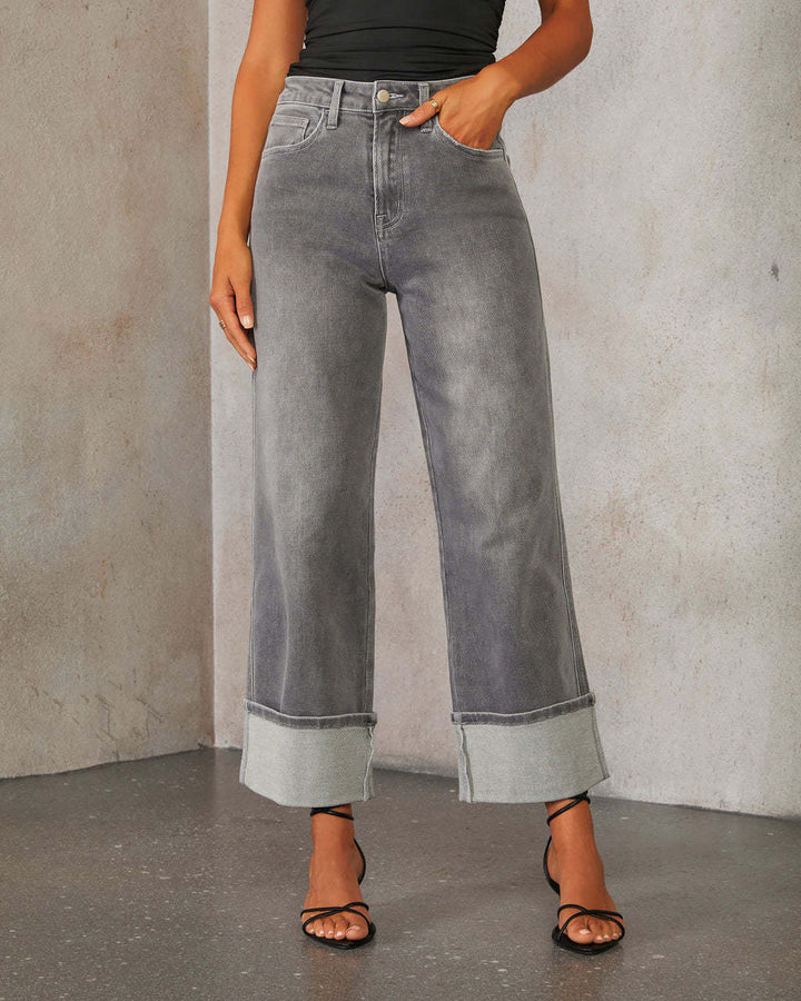 Ladies Wide Cut Jeans with Turned-Up Hem Lisslune