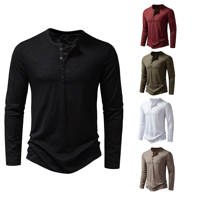 Men's Long Sleeve T-Shirt with Button Placket and Fashionable Stand-up Collar Lisslune