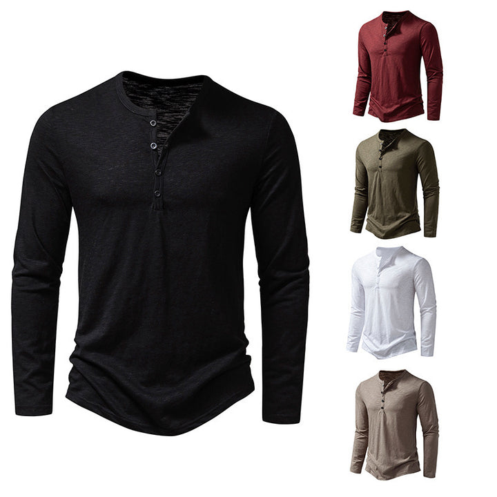 Men's Long Sleeve T-Shirt with Button Placket and Fashionable Stand-up Collar Lisslune