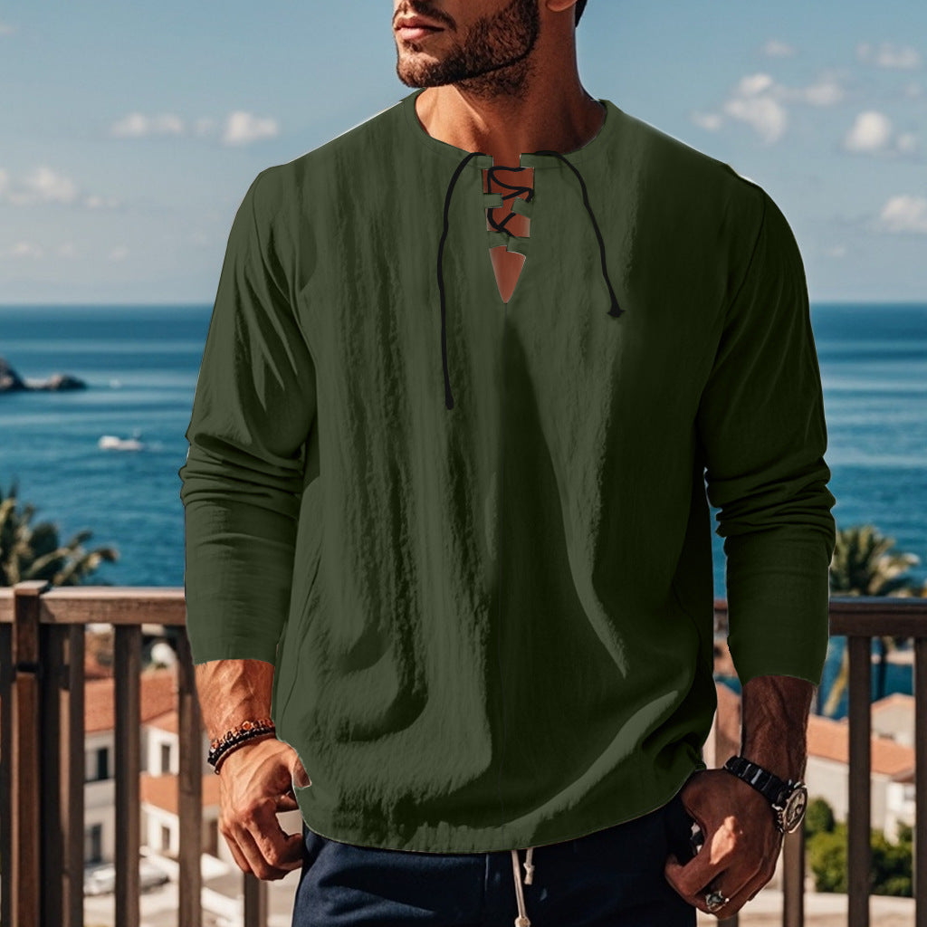Men's casual long-sleeve shirt with neckline and lacing Lisslune