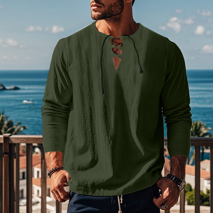 Men's casual long-sleeve shirt with neckline and lacing Lisslune