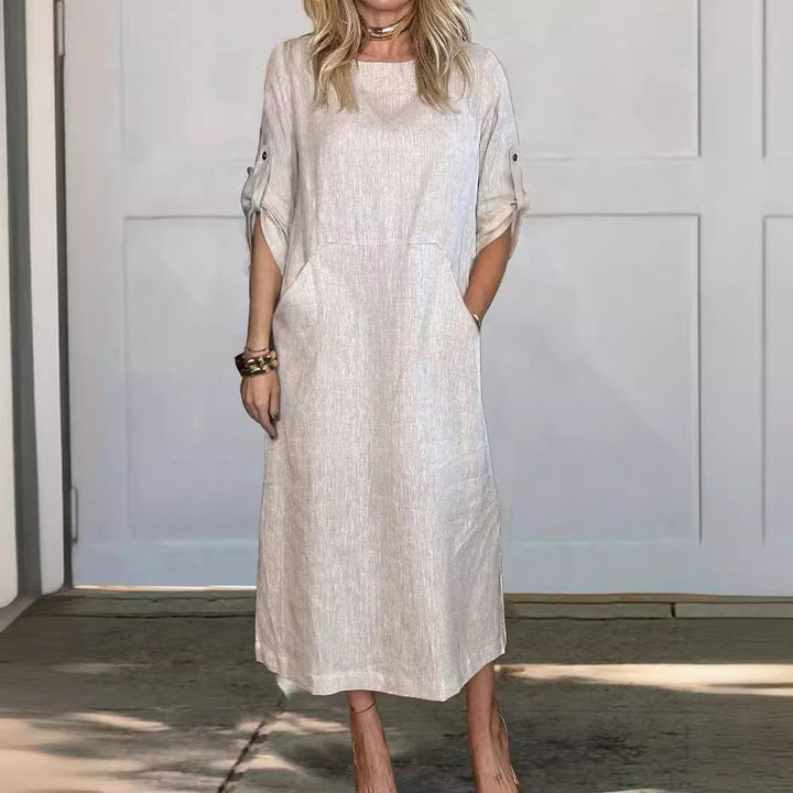 Women's Casual Linen Midi Dress with Side Pockets and Roll-Up Sleeves Lisslune