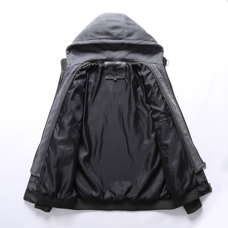 Men's Synthetic Leather Jacket with Removable Hood and Multifunctional Pockets Lisslune