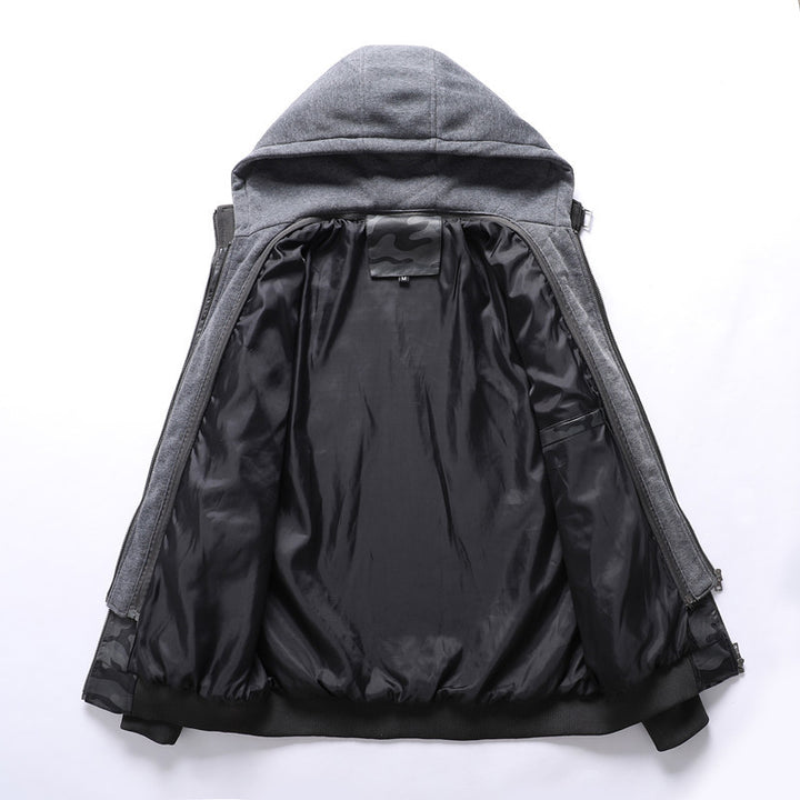 Men's Synthetic Leather Jacket with Removable Hood and Multifunctional Pockets Lisslune