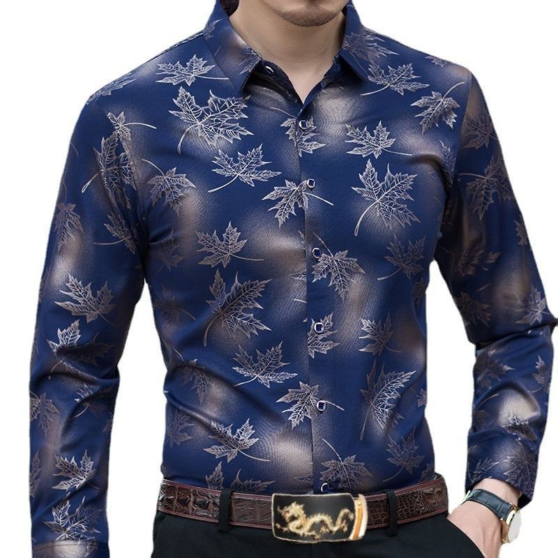 Men's long-sleeve shirt with fine leaf pattern and elegant glossy finish Lisslune