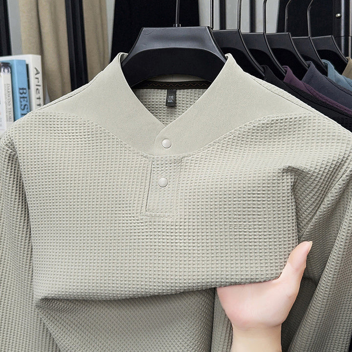 Men's Long Sleeve Shirt with Textured Design and Stand-up Collar Lisslune