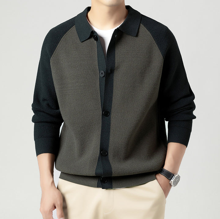 Men's Fashionable Cardigan with Contrasting Sleeves and Button Placket Lisslune