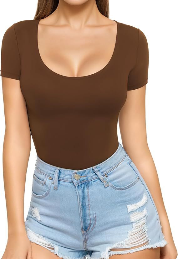 Damen figurbetontes Kurzarm-Body mit rundem Ausschnitt und nahtlosem Design Lisslune