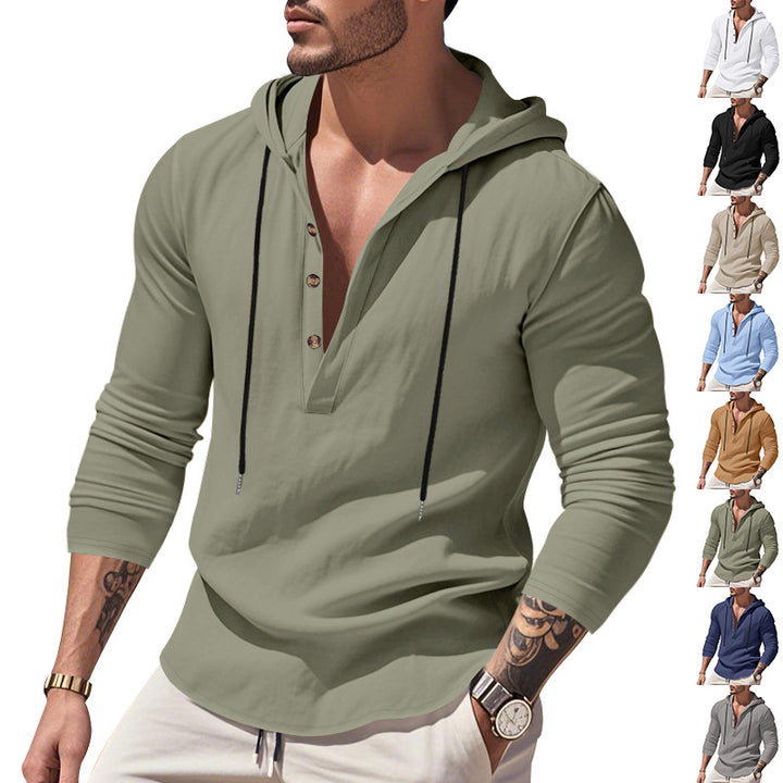 Men's Long Sleeve Hooded Shirt with Fashionable Button Placket Design Lisslune