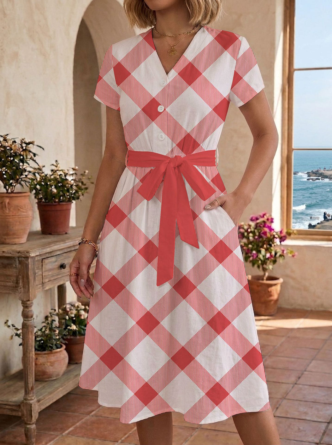 Women's casual maxi dress with adjustable knot and decorative check pattern Lisslune
