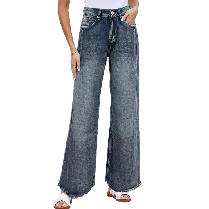 Damen weite Denim-Jeans mit kreativem Muster und fransigem Saum Lisslune