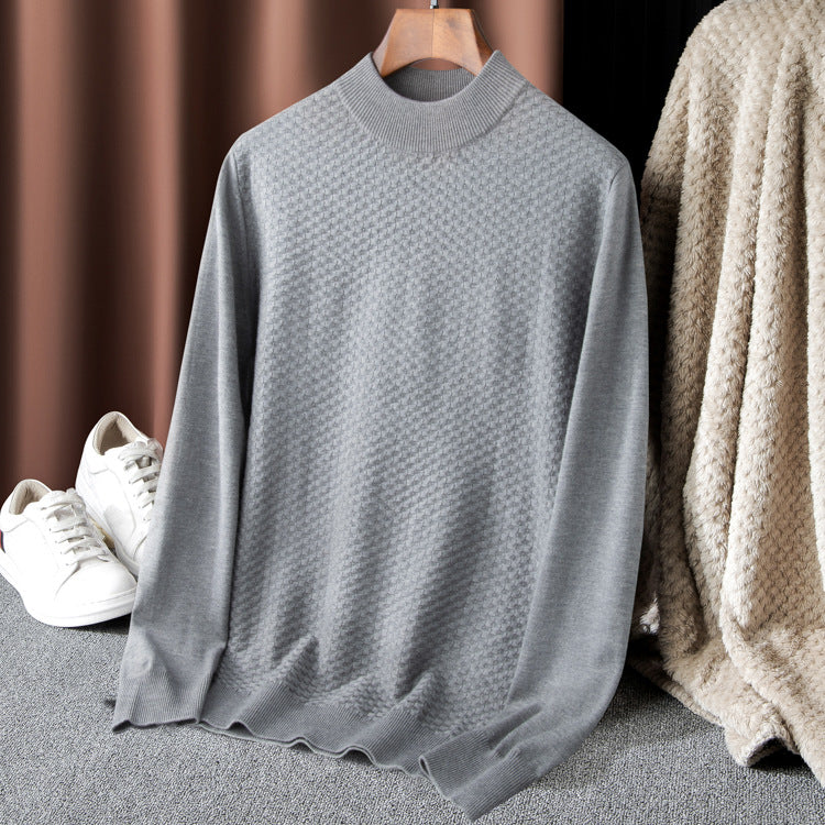 Men's Fine Knit Pullover with High Collar and Textured Surface Lisslune