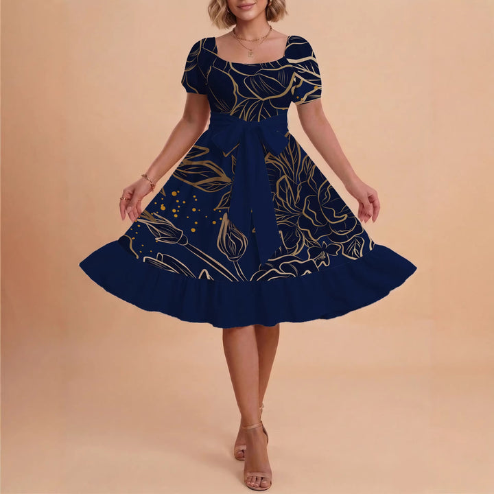 Women A-line dress with floral motifs and adjustable belt Lisslune