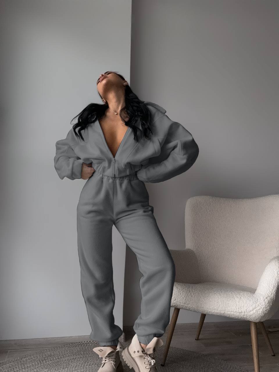 Women's sporty fleece tracksuit with hood and pockets Lisslune