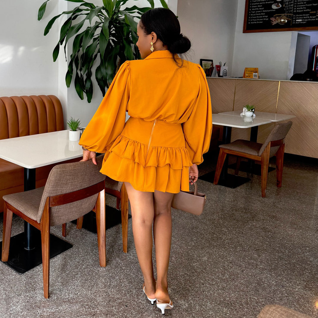 Women's shirt dress with voluminous puff sleeves and flowing skirt