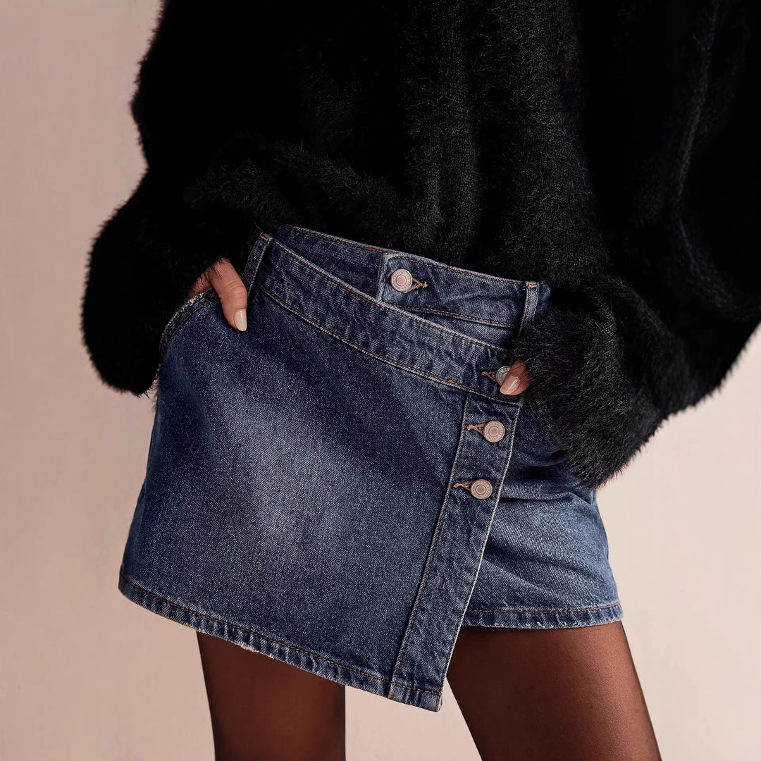 Ladies fashionable A-line denim skirt with asymmetrical button design and practical pockets Lisslune