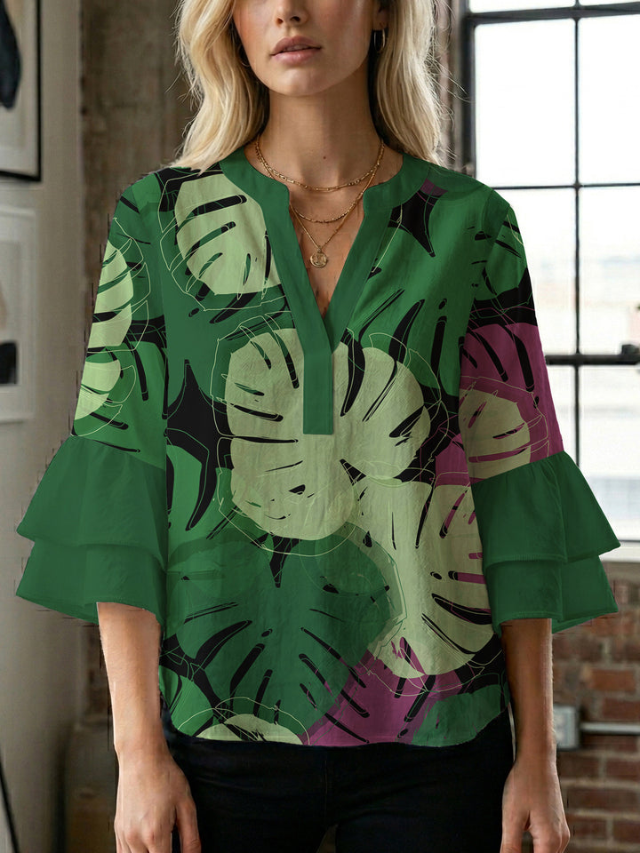 Women's blouse with voluminous wing sleeves and intense leaf pattern Lisslune