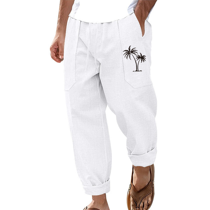 Men's airy linen cargo pants with practical pockets and palm embroidery Lisslune