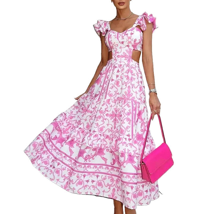 Ladies Elegant Maxi Dress with Cut-out Design and Ruffle Details