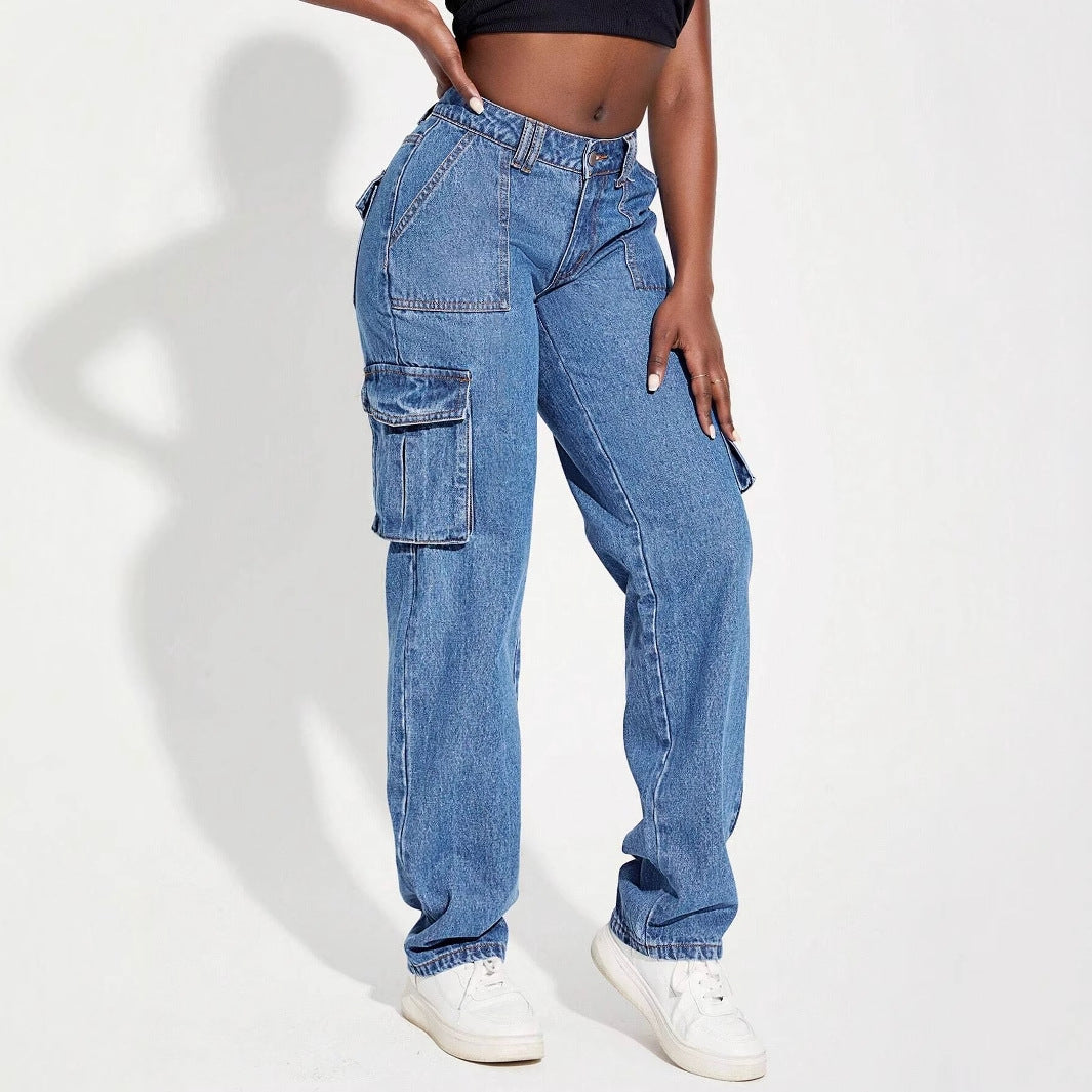 Women's cargo jeans with elastic waistband and innovative design