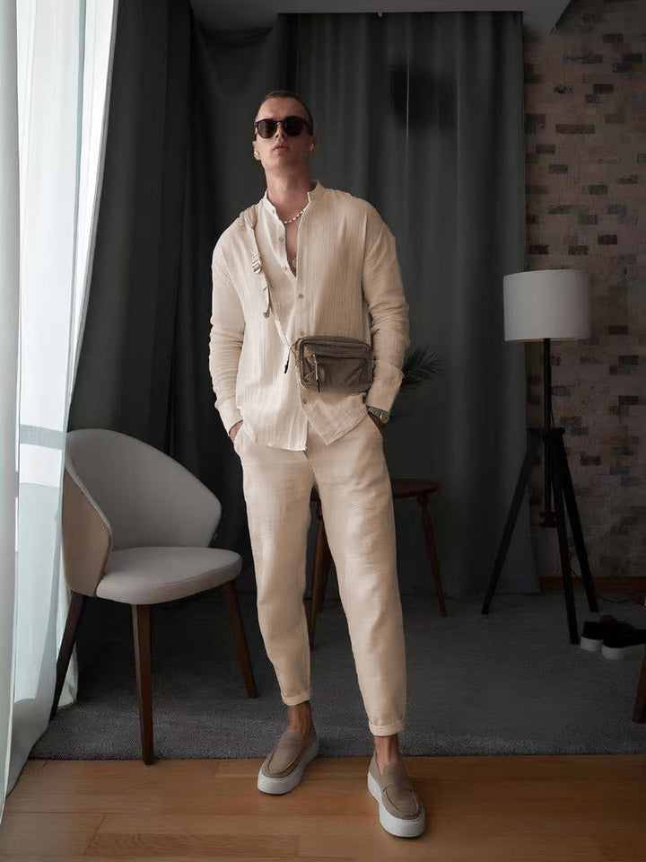 Men's elegant long-sleeve shirt with textured fabric and button placket Lisslune