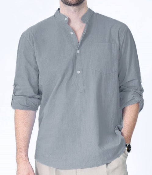 Men's long-sleeve shirt with stand-up collar and breast pocket Lisslune
