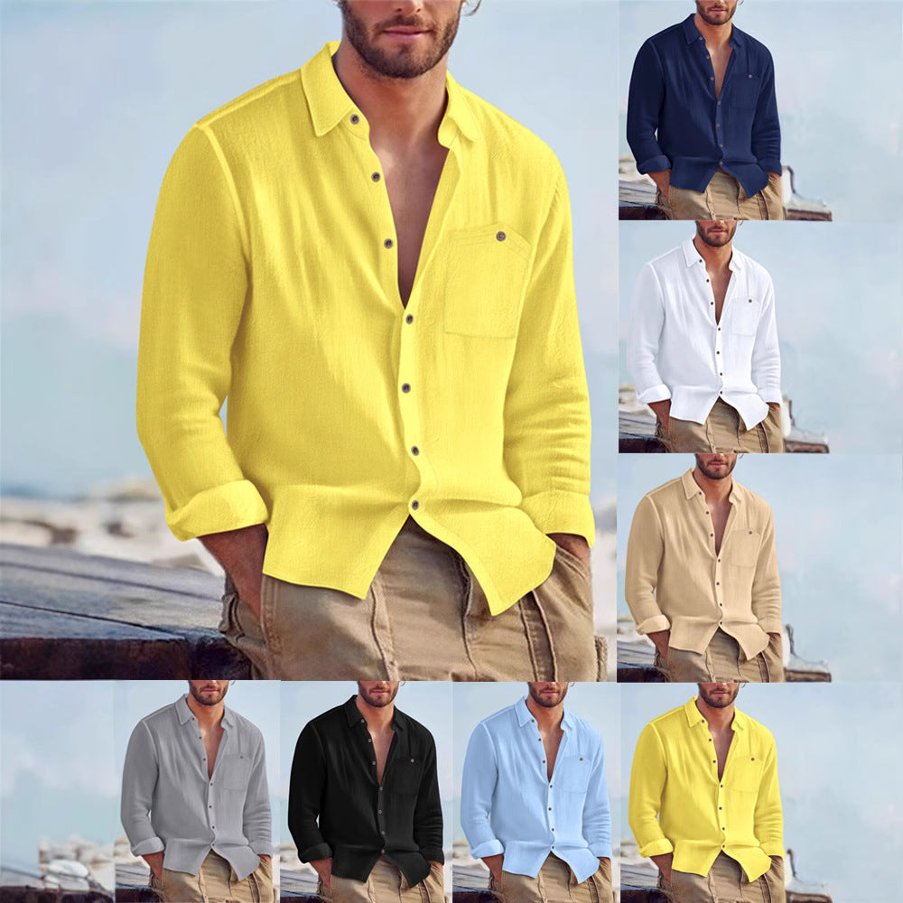 Men's Casual Long Sleeve Shirt with Textured Design and Patch Chest Pocket Lisslune