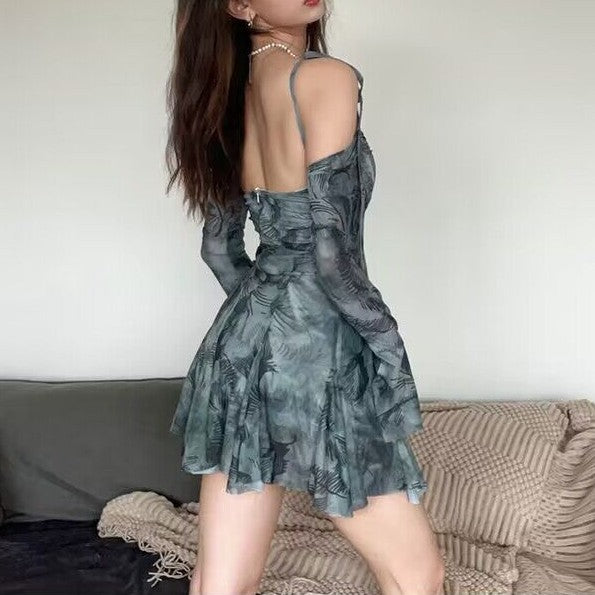 Women's mini dress with off-the-shoulder sleeves and floral pattern Lisslune