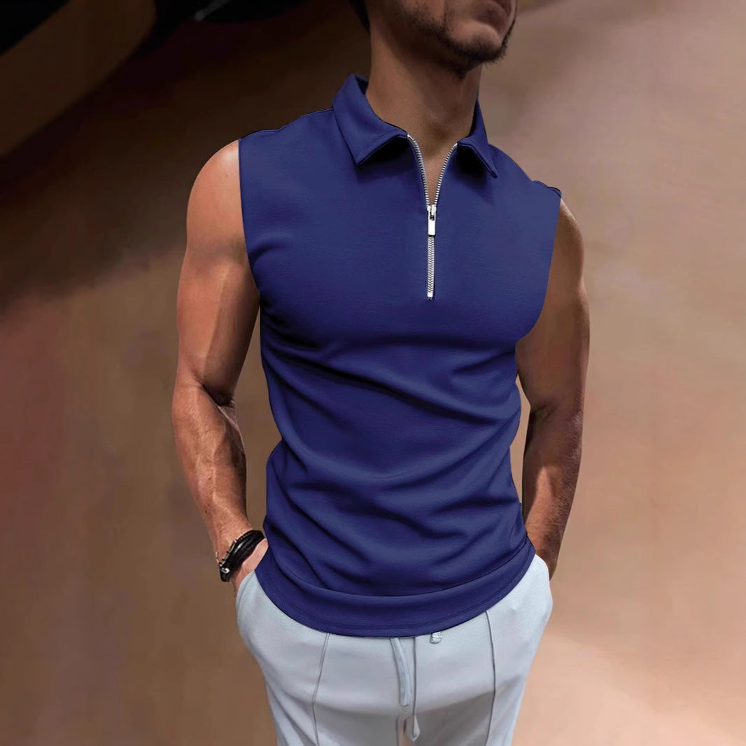 Men's Short Sleeve Polo Shirt with Modern Stand-Up Collar and Functional Zipper Lisslune