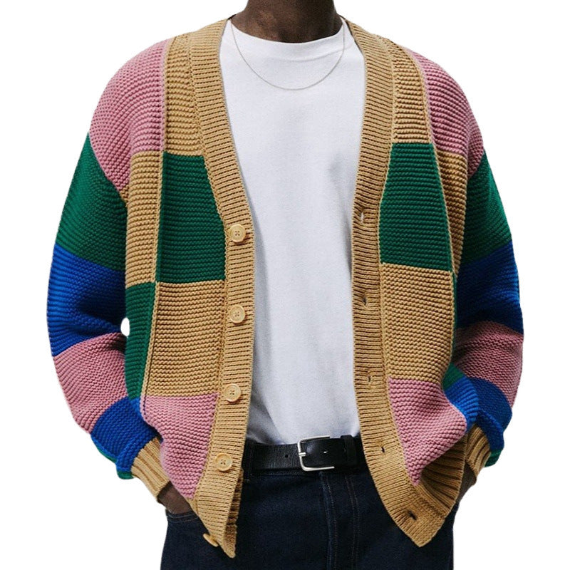 Men's cardigan with colorful block pattern and comfortable buttons Lisslune
