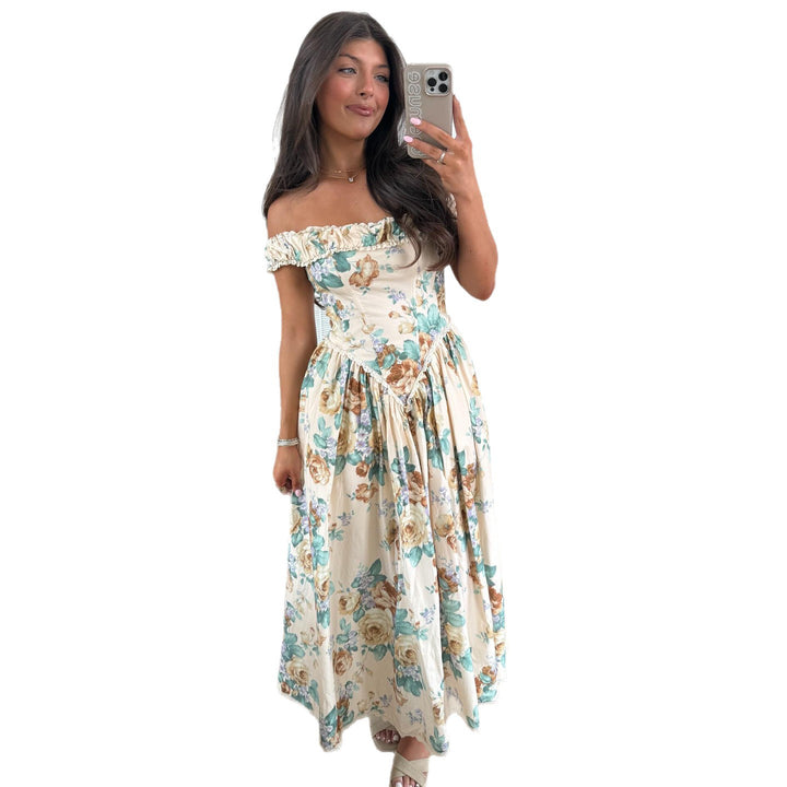 Women Off-Shoulder Maxi Dress with Floral Accents and Gathered Top