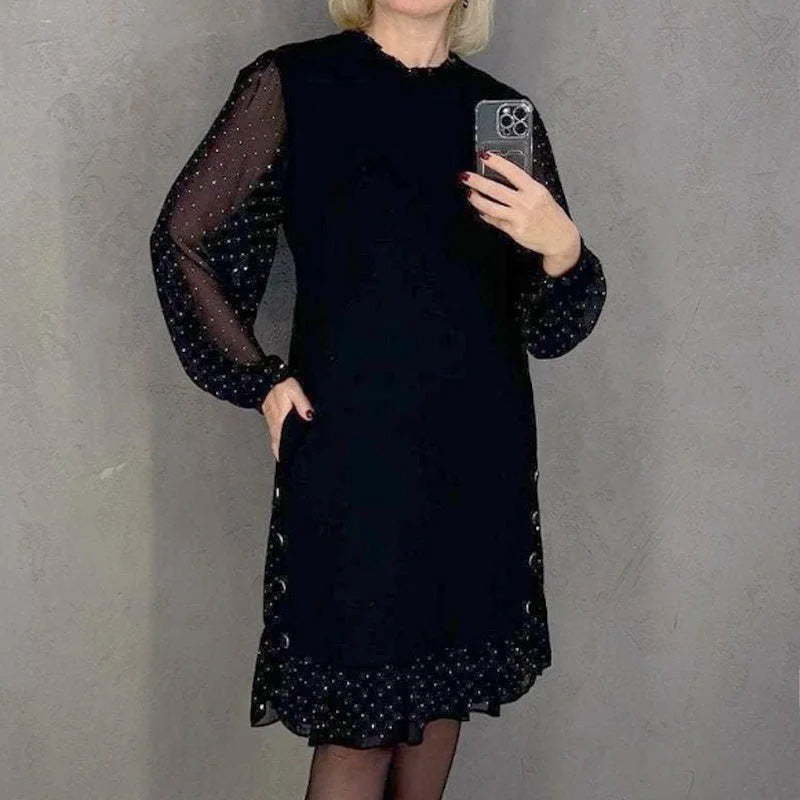 Ladies Elegant Dress with Voluminous Sleeves and Cut-Out Hem Lisslune