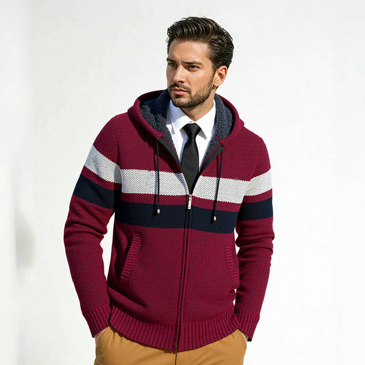 Men's fashionable knit hoodie with contrasting decorative stripes and practical pockets Lisslune