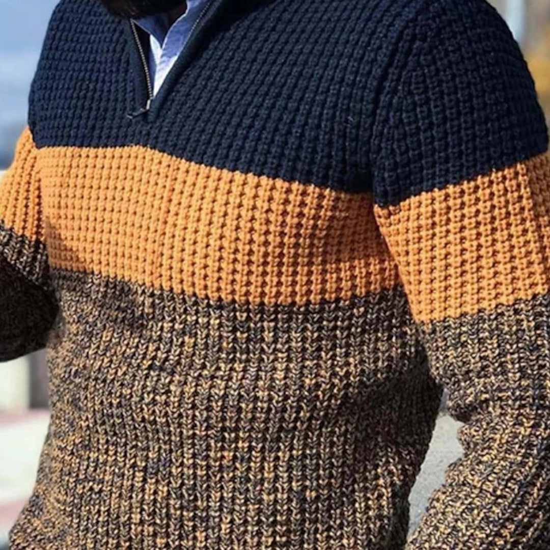 Men's Patterned Knit Sweater with Zipper and Color Block Design Lisslune