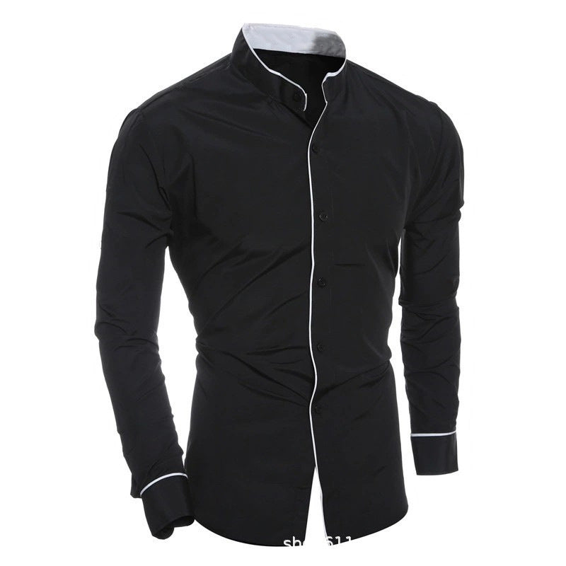 Men's Long-Sleeved Shirt with Modern Stand Collar and Contrasting Accents Lisslune